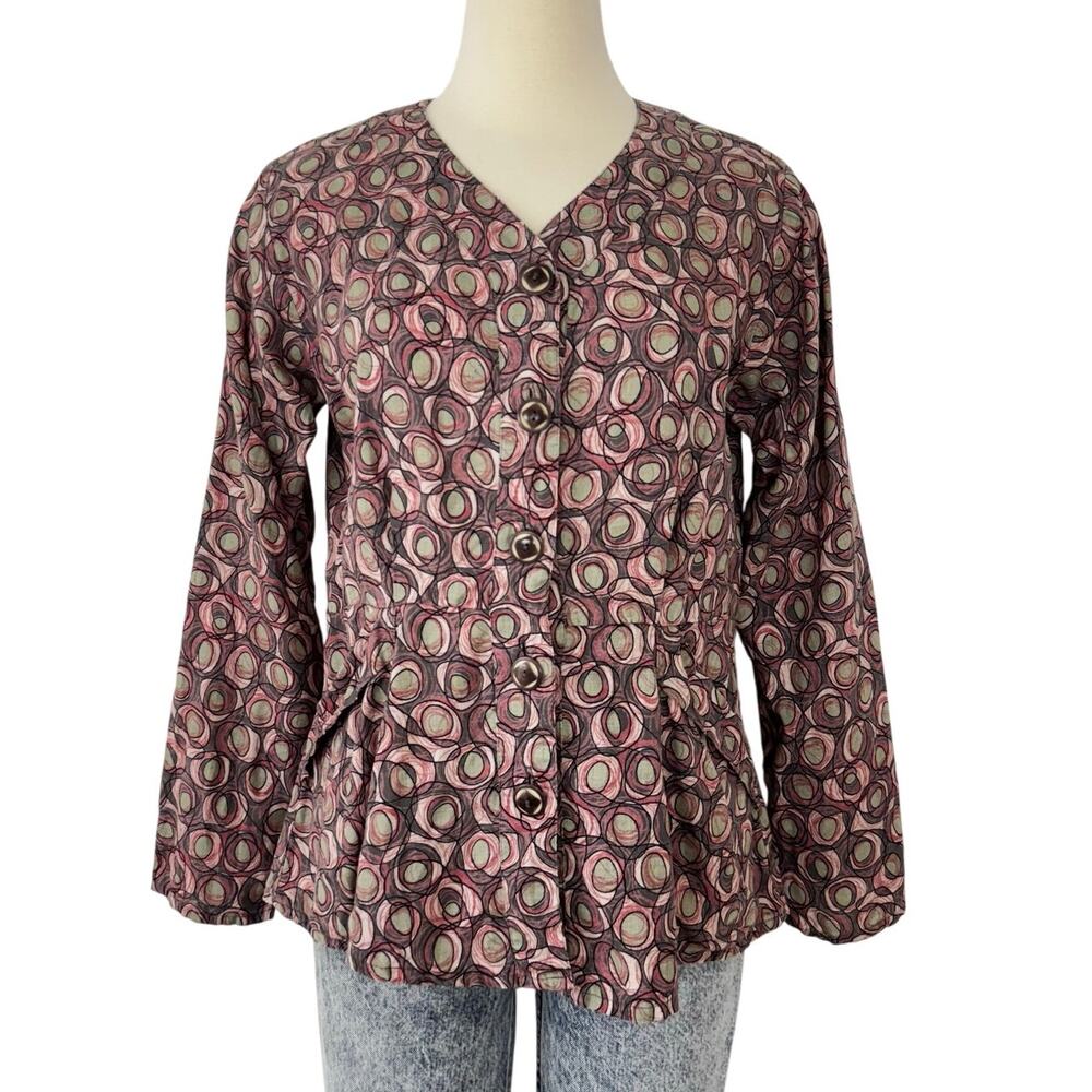 FLAX Printed Linen Blouse Peplum Top Button-Front V-Neck S Oversized